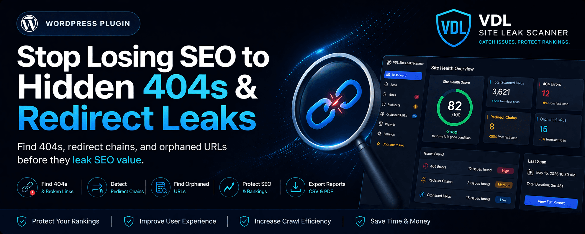 VDL Site Leak Scanner promotional preview showing WordPress plugin branding and the leak-scanner dashboard.