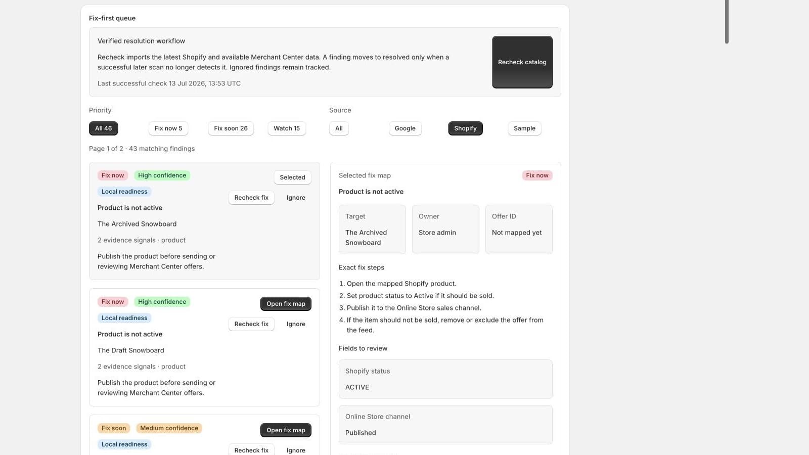GMC Fix Map fix-first queue running inside Shopify Admin