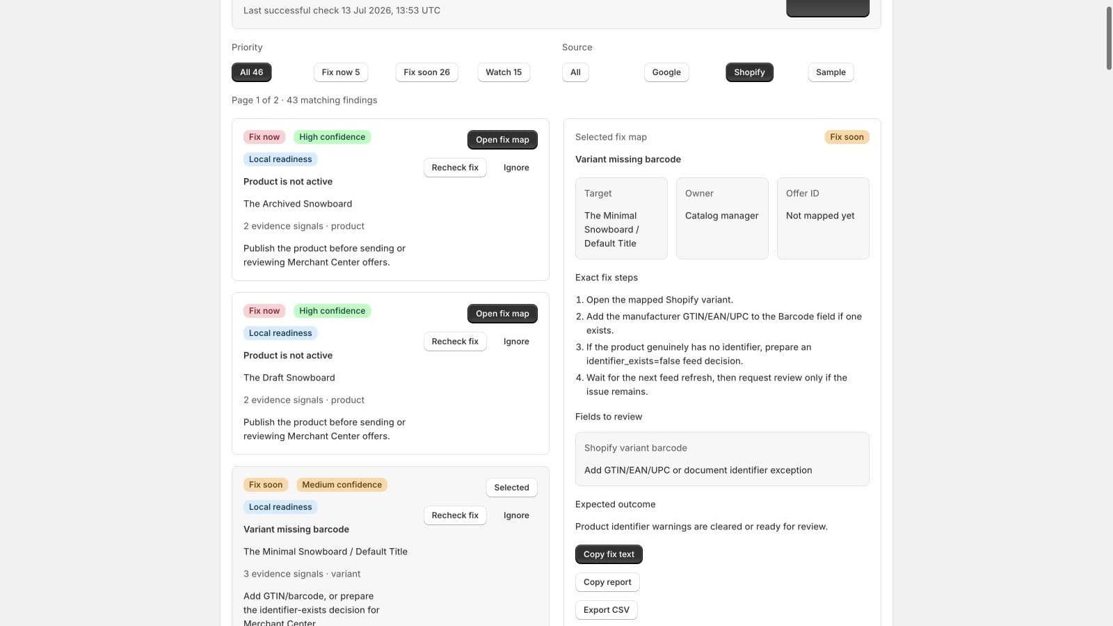 GMC Fix Map detail view showing a mapped product, evidence, and recommended fix steps