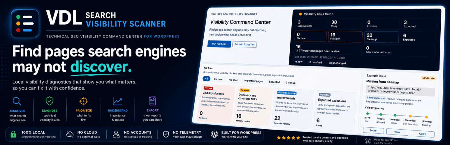 VDL Search Visibility Scanner banner showing the WordPress visibility command center interface.