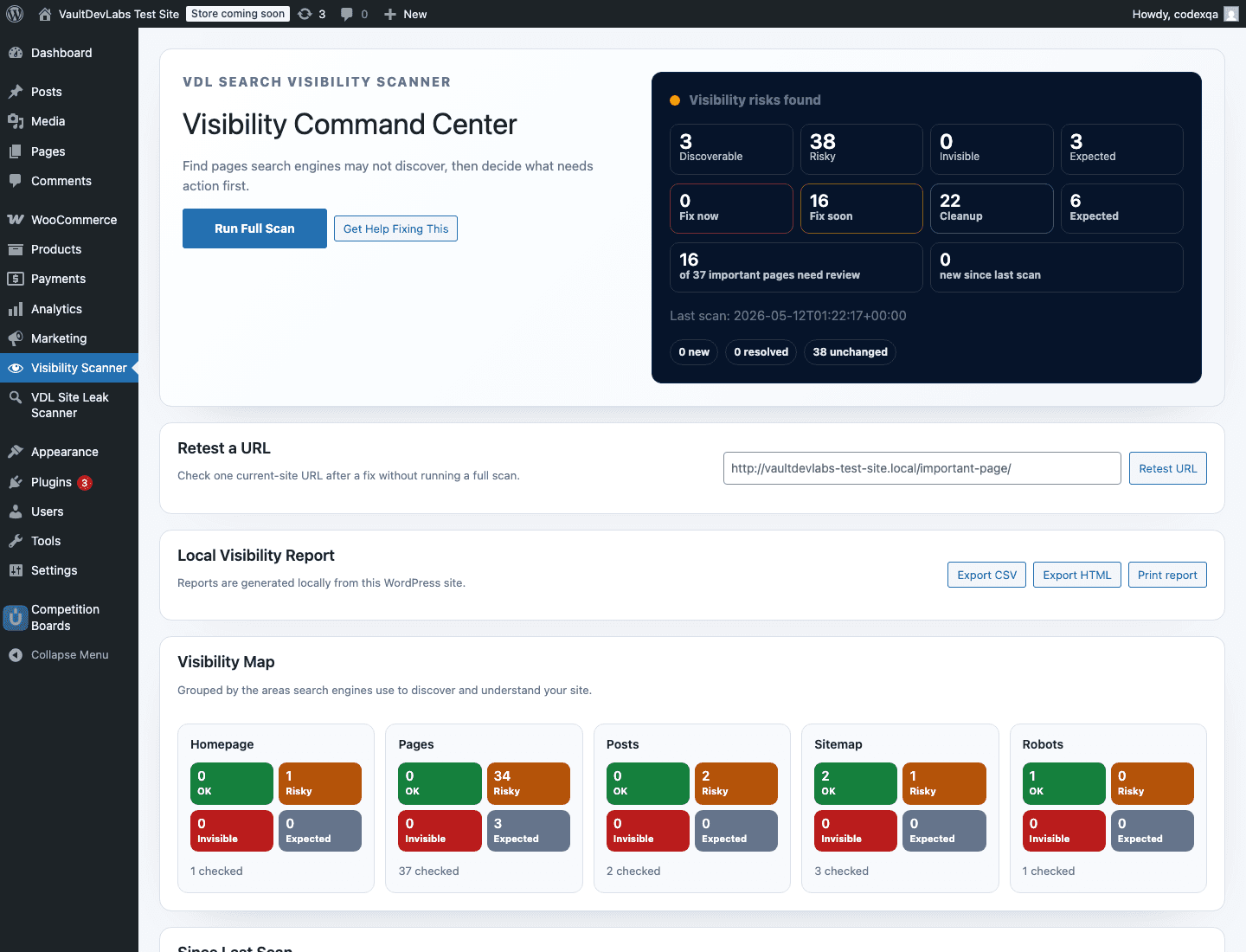 Visibility Command Center screenshot showing priority counts, exports, and Visibility Map cards.